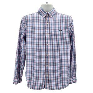 Vineyard Vines Mens Medium Whale Shirt Slim Fit Pink Aqua Blue Check Plaid Logo